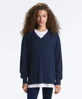 100% katoenen trui met kabelpatroon en V-hals