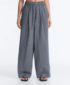 Broek met wijde pijpen van katoenmix met ruitmotief