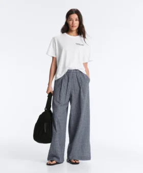 Broek met wijde pijpen van katoenmix met ruitmotief